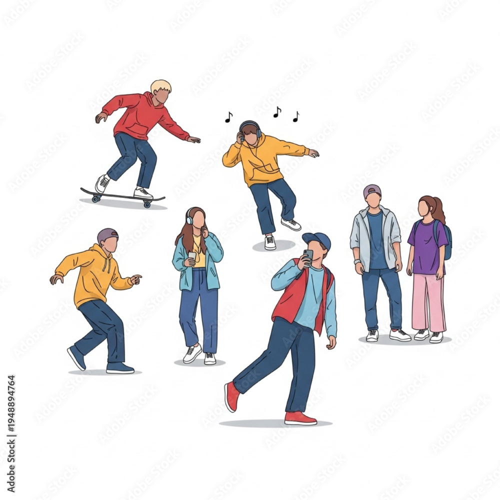 Fototapeta premium Diverse Teenagers Skateboarding Listening to Music and Hanging Out Youth Lifestyle Vector Illustration