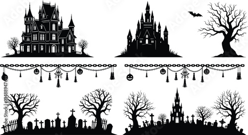 Halloween haunted house castle graveyard tree silhouette spooky horror night decoration vector illustration set gothic dark theme