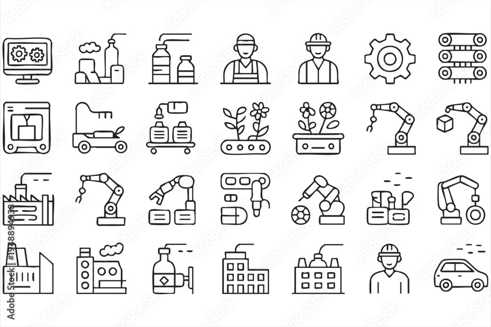 Fototapeta premium Factory Production and Robotic Assembly Minimal Outline Icon Set 