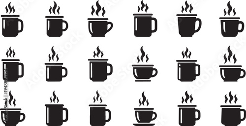Black coffee cups with steam icons pattern design