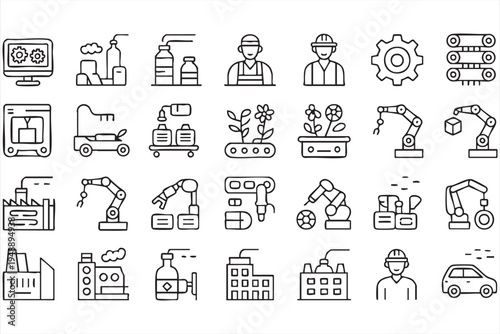 Factory Production and Robotic Assembly Minimal Outline Icon Set
