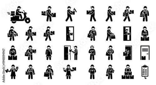 Delivery service icons: courier with package, scooter, door, clipboard