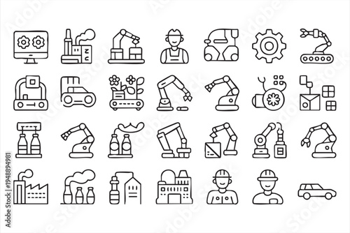 Industrial Automation and Robotics Manufacturing Line Icons Collection
