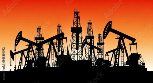 Silhouette of Oil Rigs and Pumpjacks Against a Sunset Sky.