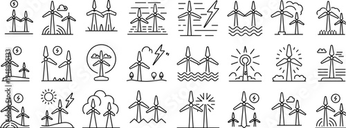 Black and white line of wind turbines with various weather and energy symbols line weather symbols