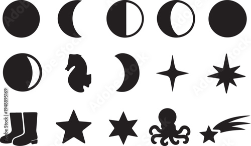 Celestial phases icon set with moon cycle symbols. Minimal astronomy vector icons for apps and design.