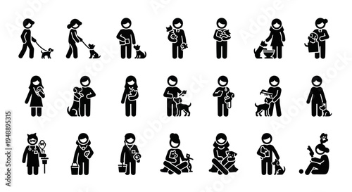 Black  White Glyph Icons of People Caring for Dogs