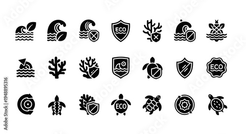 Black  White Glyph Icons for Marine Conservation and Ecology