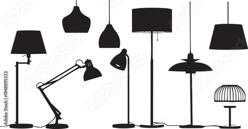 Set of 8 black lamp icons vector