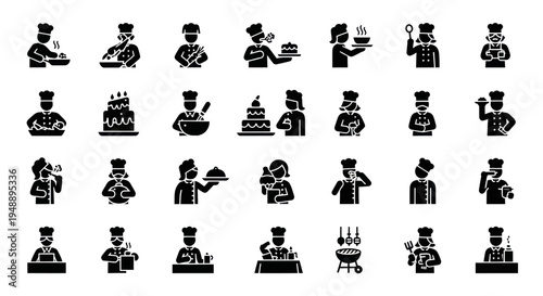 Chef Icons Set - Black and White Glyph Style for Food Industry