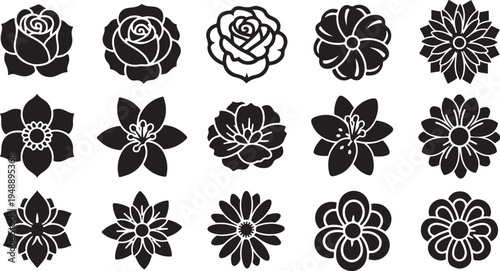 Collection of black and white flower silhouettes and illustrations