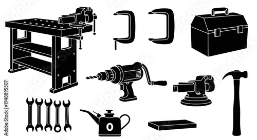 Black  White Glyph Icons of Workshop Tools and Bench