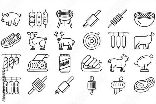 Barbecue Cooking Tools and Protein Food Minimal Outline Icon Pack
