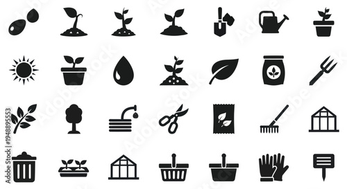 Garden and Plant Care Icons - Black and White Glyph Style