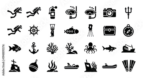 Black  White Glyph Icons for Scuba Diving and Underwater Adventure
