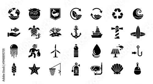 Ocean Conservation and Ecology Icons Set Glyph Black and White