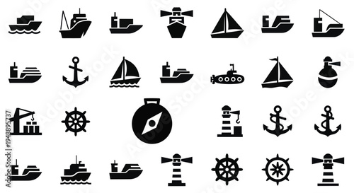 Nautical Icons Set: Ships, Anchors, Lighthouses, Compasses, Helm - Black  White