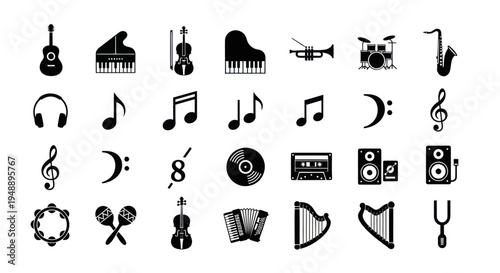 Black  White Music Icons: Instruments, Notes, Audio Equipment, Symbols