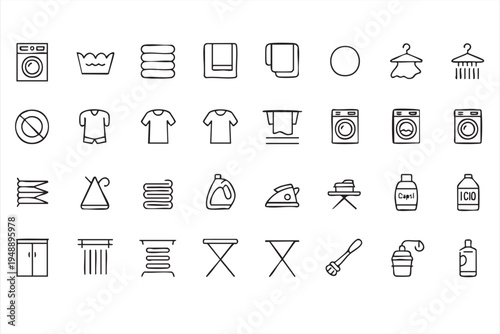 Laundry Washing And Cleaning Service Outline Icons Featuring Washing Machine Iron And Clothes Care
