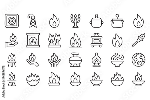 Fire Flame And Energy Outline Icons Featuring Gas Burners Fireplaces Campfires And Torches
