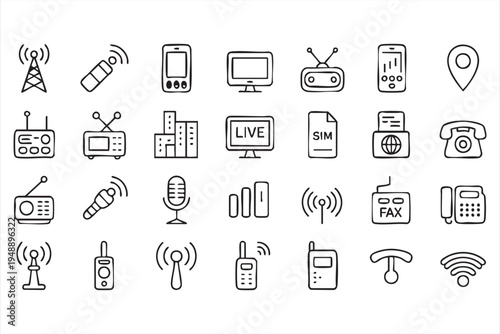 Broadcast And Communication Icon Set Featuring Microphone TV Radio Tower And Wireless Signal
