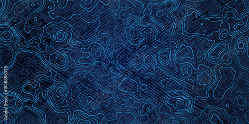 Abstract blue topographic contour lines pattern on a dark background, wavy map-like lines with small dots, modern geometric design.