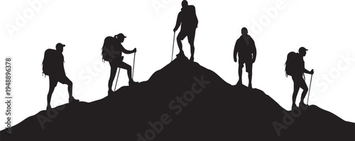 Set of 5 hikers silhouette vector