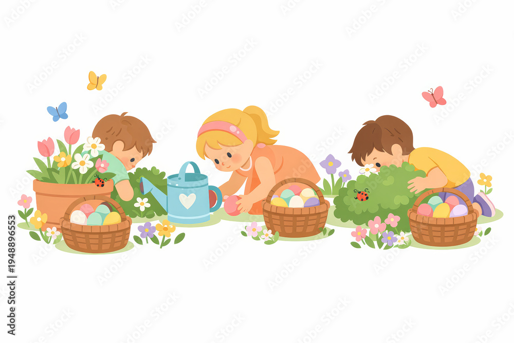 Obraz premium Kids Collecting Easter Eggs in Garden Spring Illustration