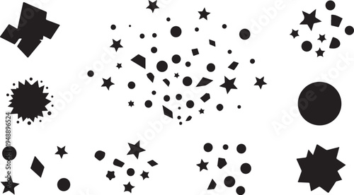 Black shapes and stars on white background illustration