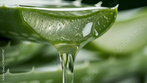 Close-up of clear aloe vera gel dripping from a cut leaf, showing air bubbles
