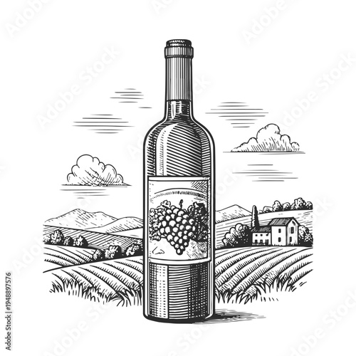 Vintage engraved wine bottle with vineyard landscape. Hand drawn black and white vector illustration in retro engraving style, suitable for winery branding, wine labels, packaging, restaurant menus.