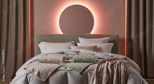 Luxuriously appointed bedroom featuring a sumptuously made bed with layered linens and ambient wall lighting.