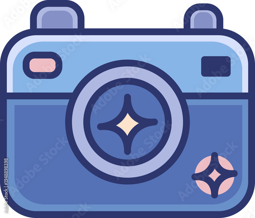 Cute blue retro camera icon with sparkle stars
