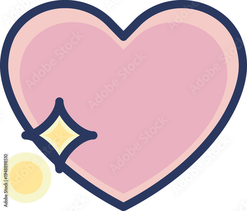 Cute pink heart icon with sparkling star and yellow dot