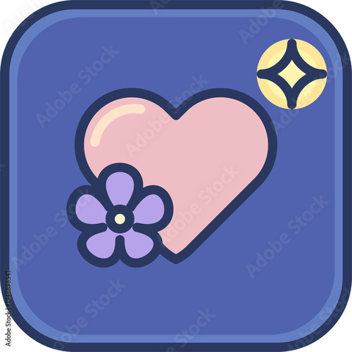 Aesthetic blue icon with pink heart, purple flower, and sparkle