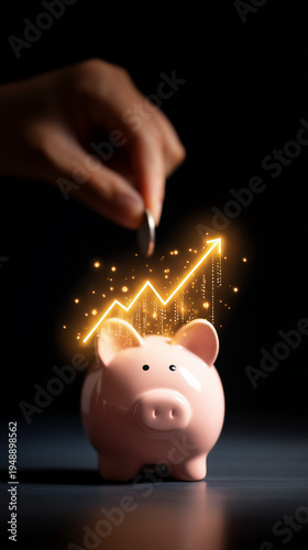 Hand putting a coin into a piggy bank with a glowing rising arrow and sparkling particles representing wealth growth