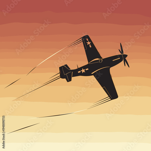 Propeller Fighter Plane Diving in Sunset Sky