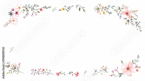 Elegant watercolor wildflower borders designed with delicate blossoms and gentle leafy branches.