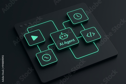 Digital AI agent interconnected workflow showing software automation diagram with futuristic neon board interface