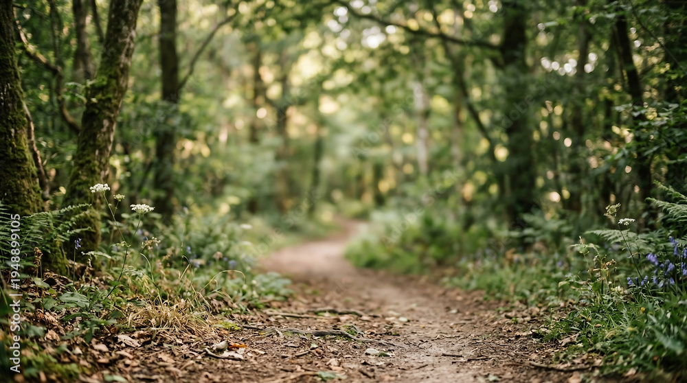 Fototapeta premium Winding Forest Path Through Lush Green Trees Background In Natural Sunlight