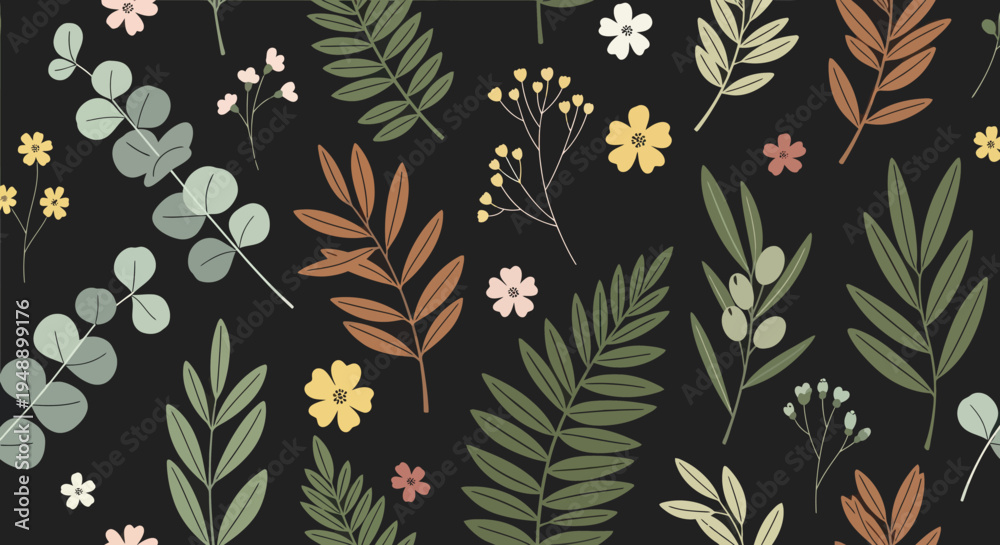 Obraz premium Botanical pattern of leaves and flowers on black background, flat vector