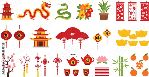 Chinese New Year elements collection with dragon, lanterns, pagoda, red envelopes, gold ingots, tea set, bamboo, and festive Asian decorations vector set