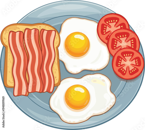 Classic breakfast plate with fried eggs, crispy bacon, toast bread, and fresh tomato slices, delicious morning meal cartoon vector illustration