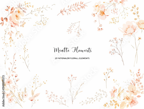 Soft botanical watercolor borders featuring blooming flowers and graceful stems for feminine page decoration.
