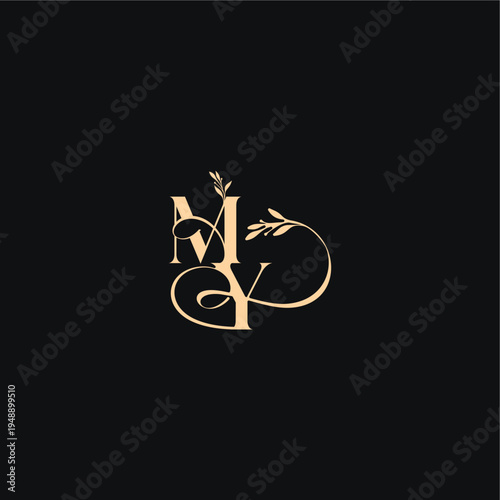 monogram elegant concept luxury feel with wavy line MY organic leaves wedding logo letter