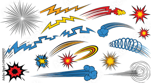 Comic Style Explosion Bursts, Lightning Bolts, Speed Lines and Energy Effects Collection, Colorful Cartoon Action Elements for Comics, Games, Posters and Dynamic Designs