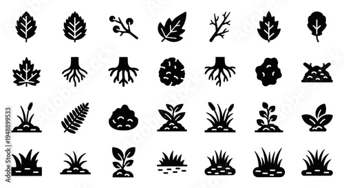 Nature Plant Icons Set - Black and White Glyph Style