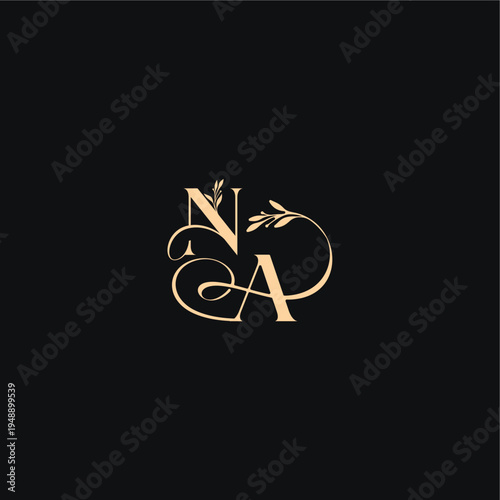 monogram elegant concept luxury feel with wavy line NA organic leaves wedding logo letter