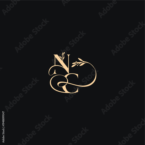 monogram elegant concept luxury feel with wavy line NC organic leaves wedding logo letter