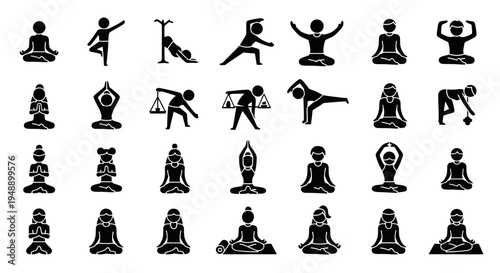 Yoga Poses Icons Set Black  White Glyph Style Vector